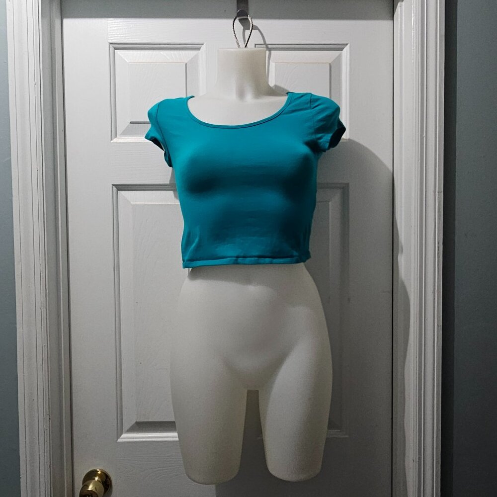 Bozzolo Teal Stretch Crop Top – Cap Sleeve, Soft Fitted Rib Knit
